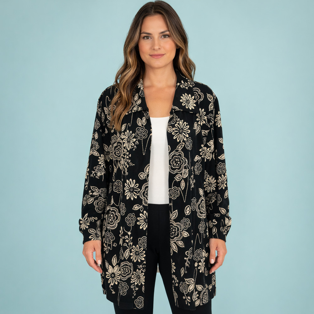 Vikki Vi Plus Size 2X Black Floral Print Collared Open Long Sleeve Knit Jacket